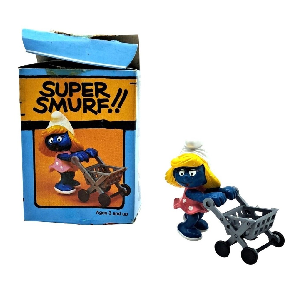 VINTAGE SCHLEICH SUPER SMURFETTE SHOPPING CART FIGURE #6735 WITH ORIGINAL BOX WA